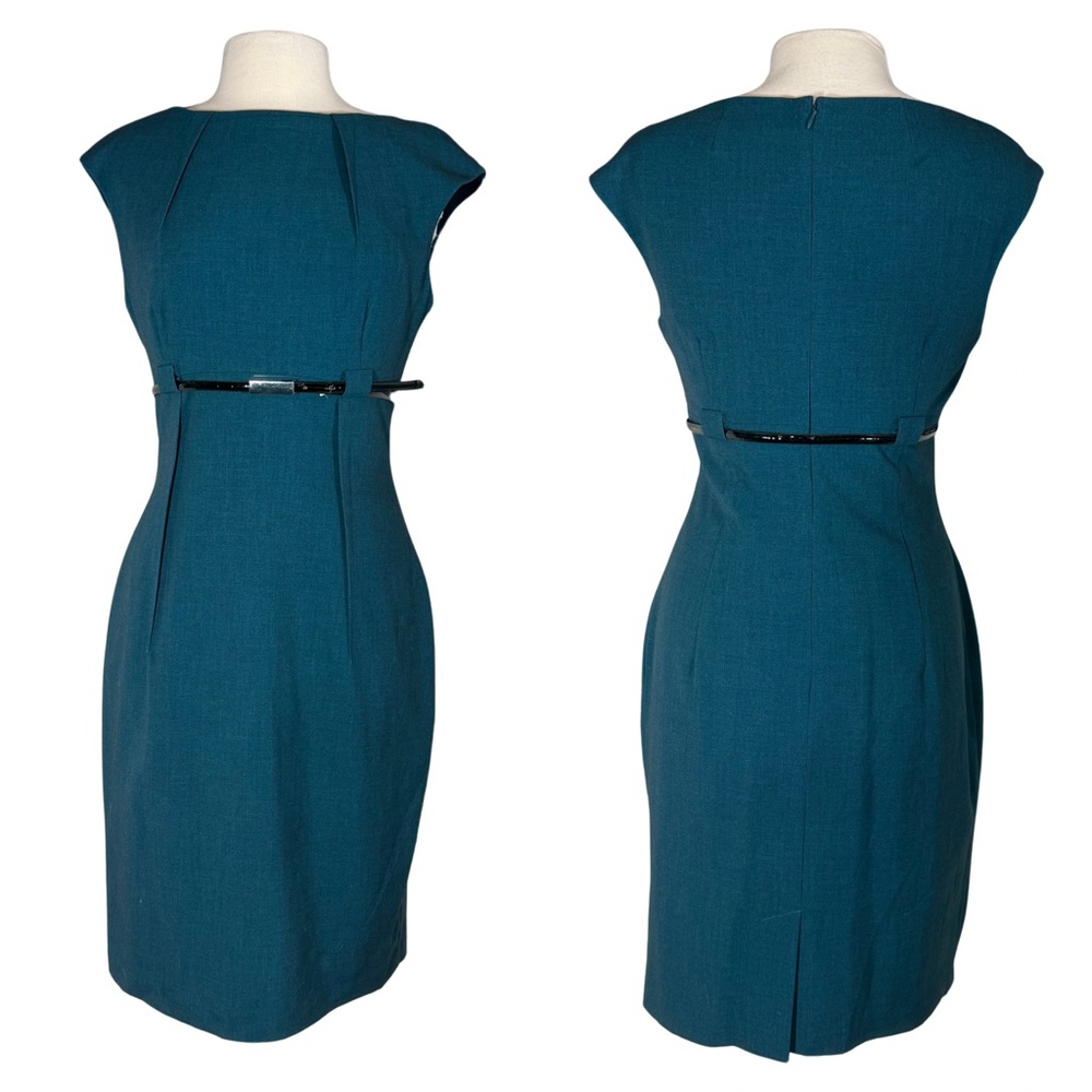 Calvin Klein Sz 6 Dress Dark Blue Teal High Scoop Neck Office Professional Belt